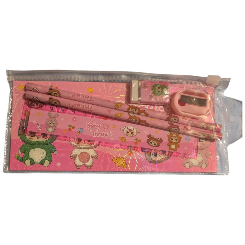 Kawaii Kids Stationery Set Pencil Ruler Eraser Sharpener Zipper Pouch Bundle - Picture 4 of 4